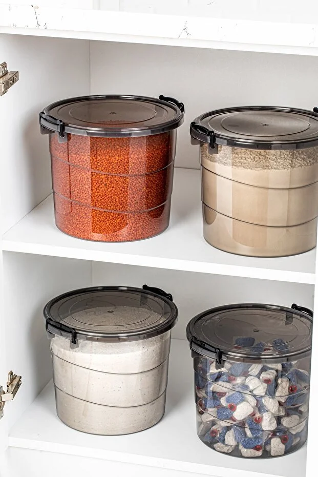 Mega Boy 4'lü Yuvarlak Un Bakliyat Kabı 7 Litre - Kulplu Deterjanlık Saklama Kutusu Kabı Antrasit